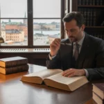 Advokat i Stockholm som sitter vid sitt skrivbord och studerar en lagbok.