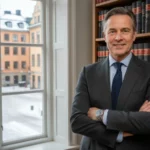Skydda dina rättigheter i juridiska processer Porträtt av en leende och självsäker manlig försvarsadvokat i kostym, stående på ett kontor med utsikt över Stockholm.